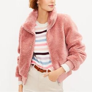 LOFT Pink Sherpa Bomber Jacket extra large Cropped Zip Front